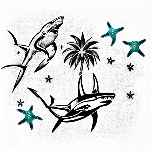 palm trees , sea , shark, los angeles, stars, chicano style tattoo design idea