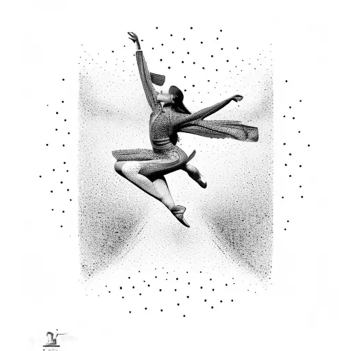 A dancer gracefully leaping through the air, with a 3D image of Rwanda in the background tattoo design idea