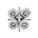 A 3D image of a church with a cross on top, surrounded by vibrant flowers tattoo design idea