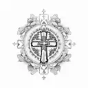 A 3D image of a church with a cross on top, surrounded by vibrant flowers tattoo design idea