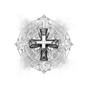 A 3D image of a church with a cross on top, surrounded by vibrant flowers tattoo design idea