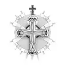 A 3D image of a church with a cross on top, surrounded by vibrant flowers tattoo design idea