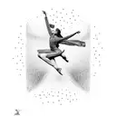 A dancer gracefully leaping through the air, with a 3D image of Rwanda in the background tattoo design idea