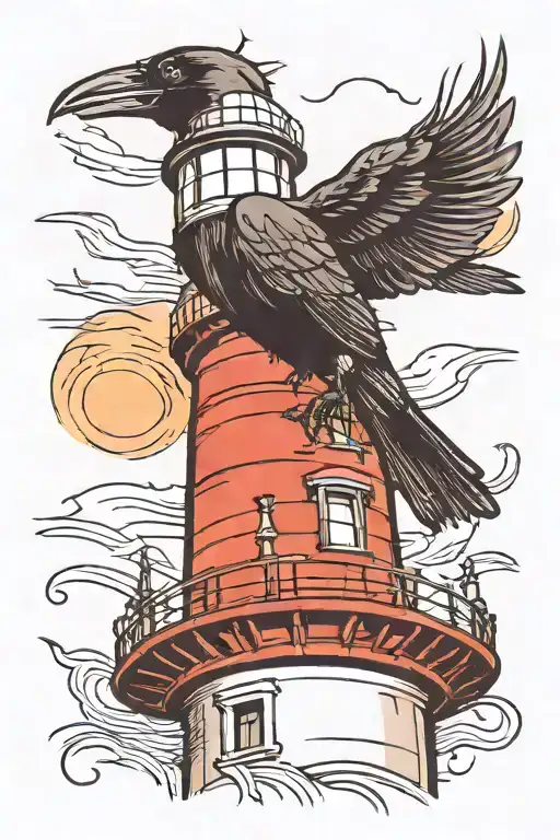 crow perched on light house tattoo design idea