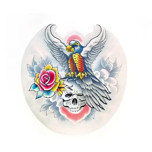 AGUILA CON ALAS ABIERTA, ASES, CORONA, CALAVERA CON ROSAS tattoo design idea