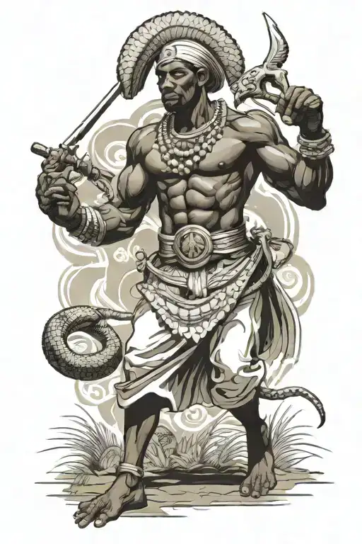 "A powerful warrior in traditional Nigerian attire wielding a spear killing a snake. tattoo design idea