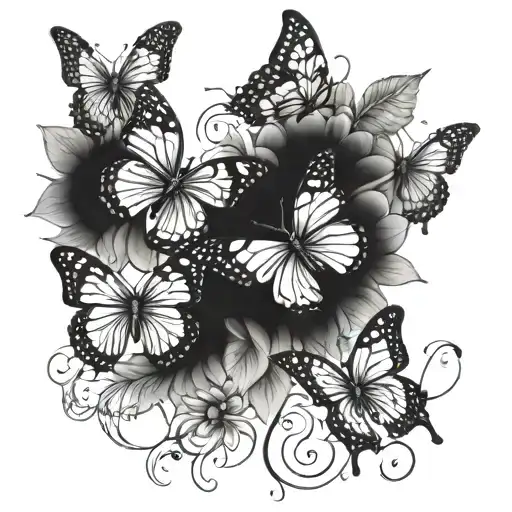 4 butterflies with sunflower intertwined forearm  tattoo design idea
