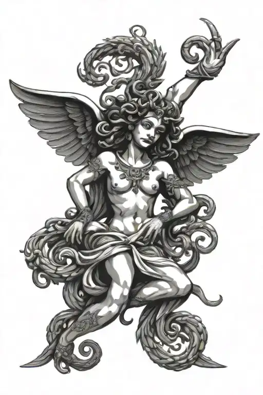 Sicilian Trinacria With A Joyful Medusa Head With Flying Wings At Both Sides In Center And Three legs forming a triangle tattoo design idea