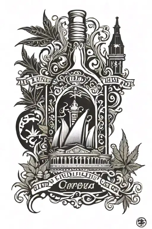 Opera House and Casino, Corona beer bottle, Marijuana tattoo design idea