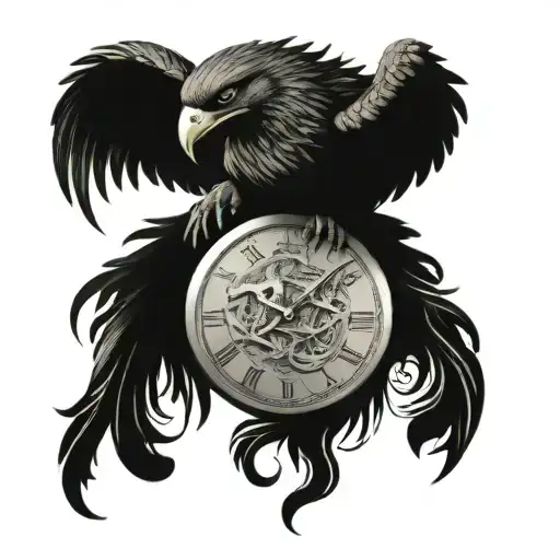 un Phoenix avec une montre a gousset avec le nom de Elia a l'intérieur et un décor forestier  tattoo design idea