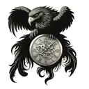 un Phoenix avec une montre a gousset avec le nom de Elia a l'intérieur et un décor forestier  tattoo design idea