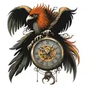 un Phoenix avec une montre a gousset avec le nom de Elia a l'intérieur et un décor forestier  tattoo design idea