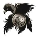 un Phoenix avec une montre a gousset avec le nom de Elia a l'intérieur et un décor forestier  tattoo design idea