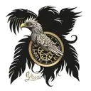 un Phoenix avec une montre a gousset avec le nom de Elia a l'intérieur et un décor forestier  tattoo design idea