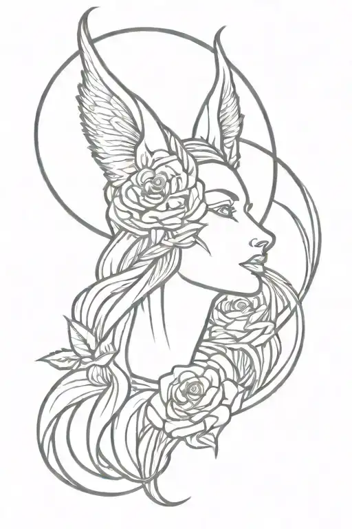 Hecate goddess of magic and the moon three dogs keys roses thick outline line work  tattoo design idea