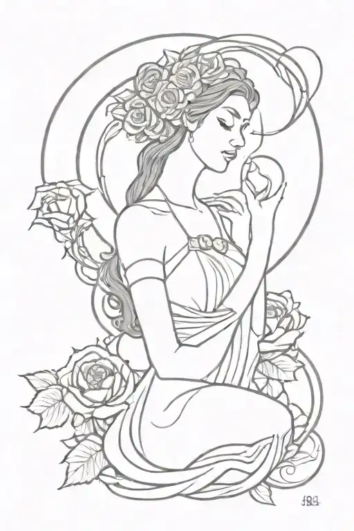 Hecate goddess of magic and the moon  keys roses thick outline line work  tattoo design idea