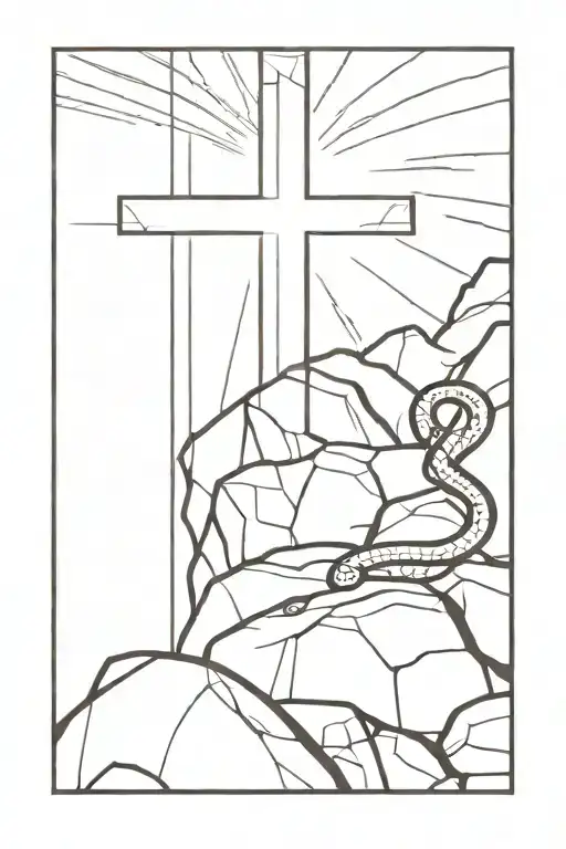 Cross on rocks with beams of light coming behind and a snake dying infront of it tattoo design idea
