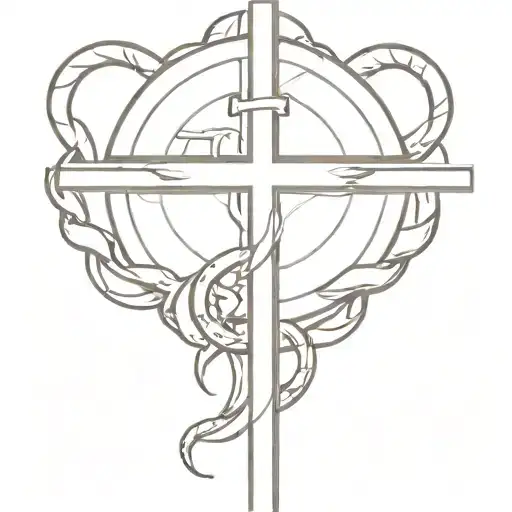 A cross sitting on rocks with beams of sunlight coming from behind and a snake burning in front of the cross tattoo design idea