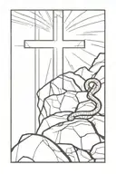 Cross on rocks with beams of light coming behind and a snake dying infront of it tattoo design idea