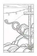 Cross on rocks with beams of light coming behind and a snake dying infront of it tattoo design idea
