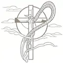 A cross sitting on rocks with beams of sunlight coming from behind and a snake burning in front of the cross tattoo design idea