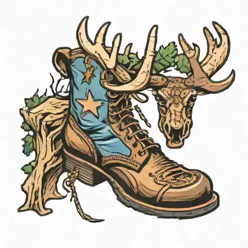 cowboy boot and moose antlers tattoo design idea