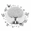 A dotwork tattoo of a cocoa tree with butterflies fluttering around it tattoo design idea
