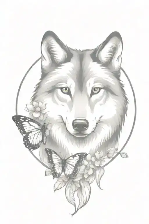 wolf and butterfly  tattoo design idea