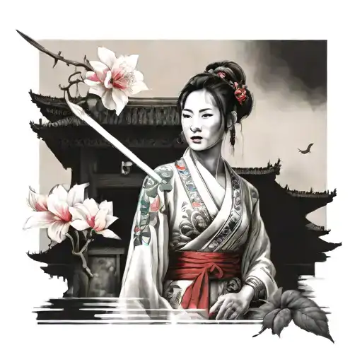chinese pause with temple t a woman in the foreground with flowers and sword tattoo design idea