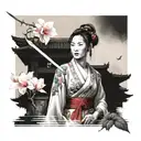 chinese pause with temple t a woman in the foreground with flowers and sword tattoo design idea