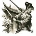 chinese pause with temple t a woman in the foreground with flowers and sword tattoo design idea
