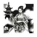 chinese pause with temple t a woman in the foreground with flowers and sword tattoo design idea