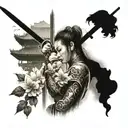 chinese pause with temple t a woman in the foreground with flowers and sword tattoo design idea