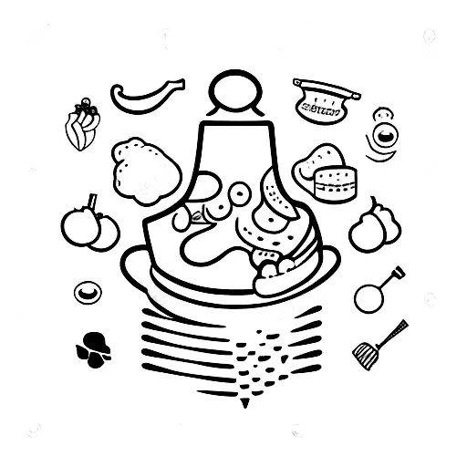 A minimalist tattoo of a chef's hat surrounded by various food items. tattoo design idea