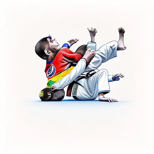 A monkey in a Brazilian Jiu Jitsu gi executing a perfect armbar submission tattoo design idea
