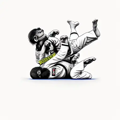 A monkey in a Brazilian Jiu Jitsu gi executing a perfect armbar submission tattoo design idea