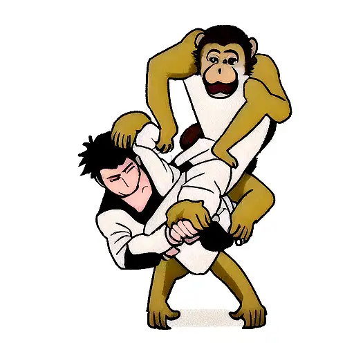 A monkey in a Brazilian Jiu Jitsu gi executing a perfect rear neck choke submission tattoo design idea