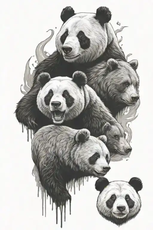 A panda face and a grizzly bear face represented in a single body tattoo design idea