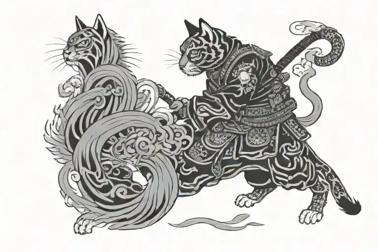 irezumi black grey tattoo whit samurai cat tattoo design idea