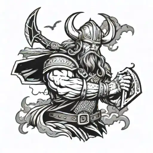 A military-inspired tattoo featuring a Viking warrior wielding Mjolnir in a thunderstorm tattoo design idea