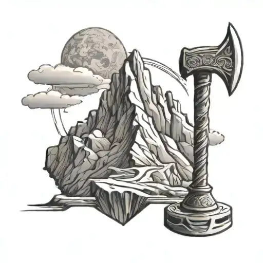 A stylized tattoo of a mountain peak with Thor's hammer embedded in the rock, symbolizing the god's connection to the earth and sky tattoo design idea