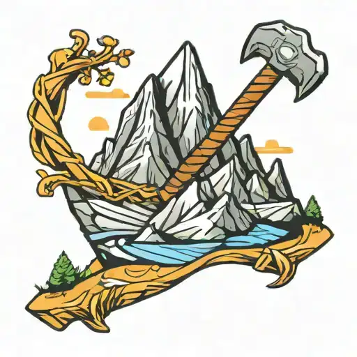 A stylized tattoo of a mountain peak with Thor's hammer embedded in the rock, symbolizing the god's connection to the earth and sky tattoo design idea