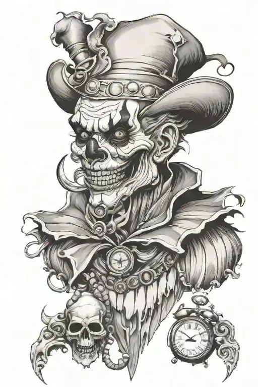 clown and skull with time piece incorporating elements tattoo design idea