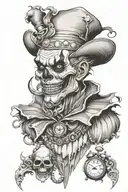 clown and skull with time piece incorporating elements tattoo design idea
