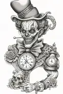 clown and skull with time piece incorporating elements tattoo design idea
