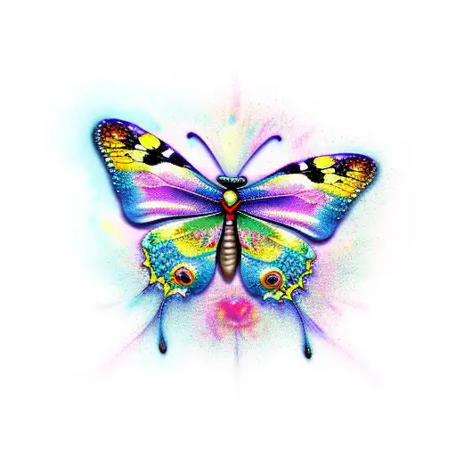 A realistic butterfly surrounded by vibrant flowers in a new-school style tattoo design idea