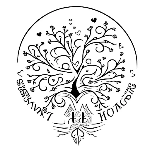 A tattoo design of a heart-shaped cherry tree with mom and dad's names written in the roots tattoo design idea