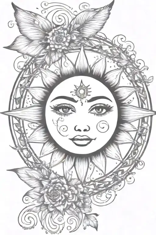 pretty sun with lashes and vines around the sun with stars and fairy like add ons tattoo design idea