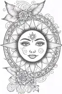 pretty sun with lashes and vines around the sun with stars and fairy like add ons tattoo design idea