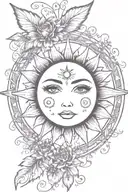 pretty sun with lashes and vines around the sun with stars and fairy like add ons tattoo design idea